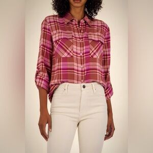 KUT From The Kloth Pink Brown Hannah Roll Tab Sleeve Button Up Shirt Size S